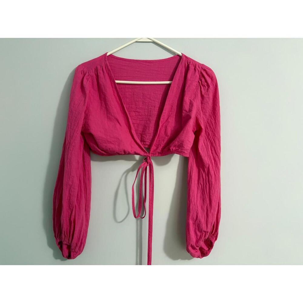Hot Pink Tie Front Long Sleeve Crop Top Medium Cotton